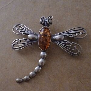 Silver and Amber Dragonfly Brooch